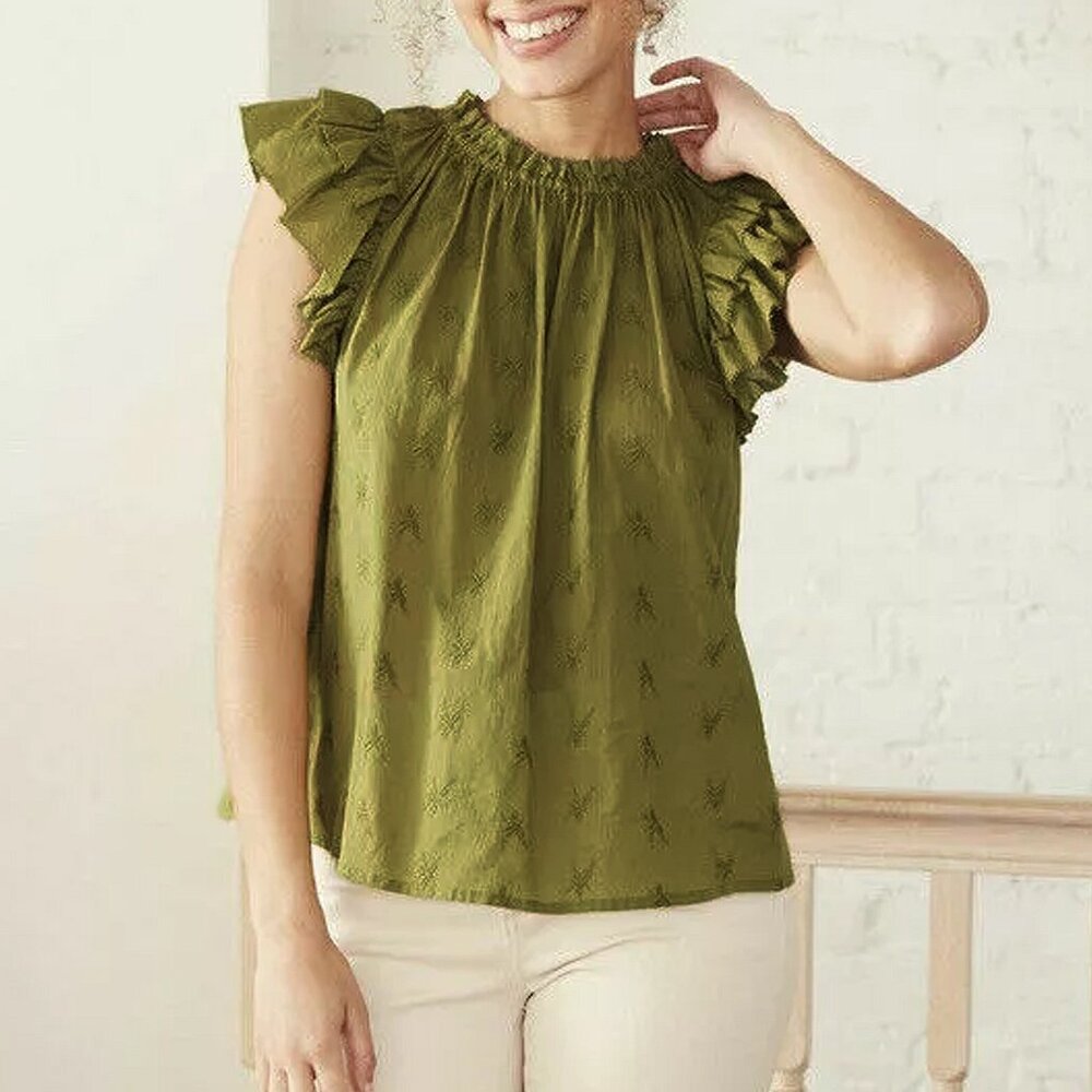 NWT Green Short Flutter-Sleeve Floral Embroidered Blouse - Women's Size XS Top - Picture 1 of 4